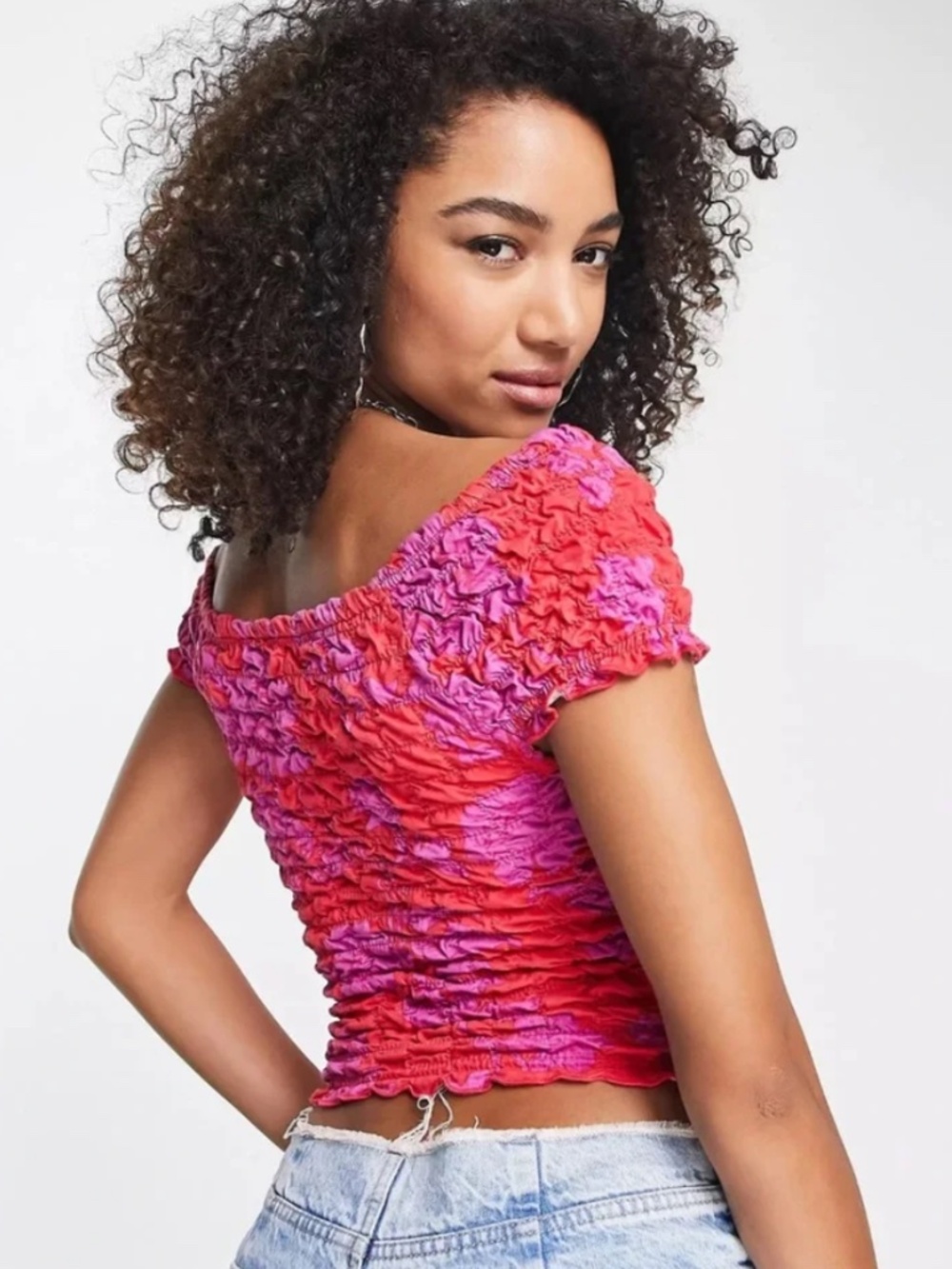 Free People Dominique Red and Purple Smocked Off-The-Shoulder Top Size Medium